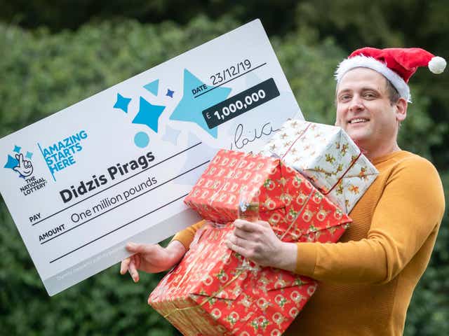 Didzis Pirags celebrates his National Lottery Merry Millions win in Preston