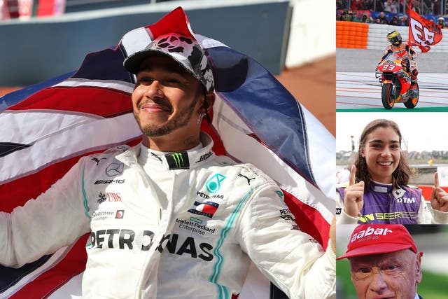 Lewis Hamilton, Marc Marquez and Jamie Chadwick (clockwise) all won titles in 2019 but motorsport lost Niki Lauda