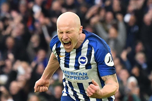 Aaron Mooy celebrates after scoring Brighton's second goal