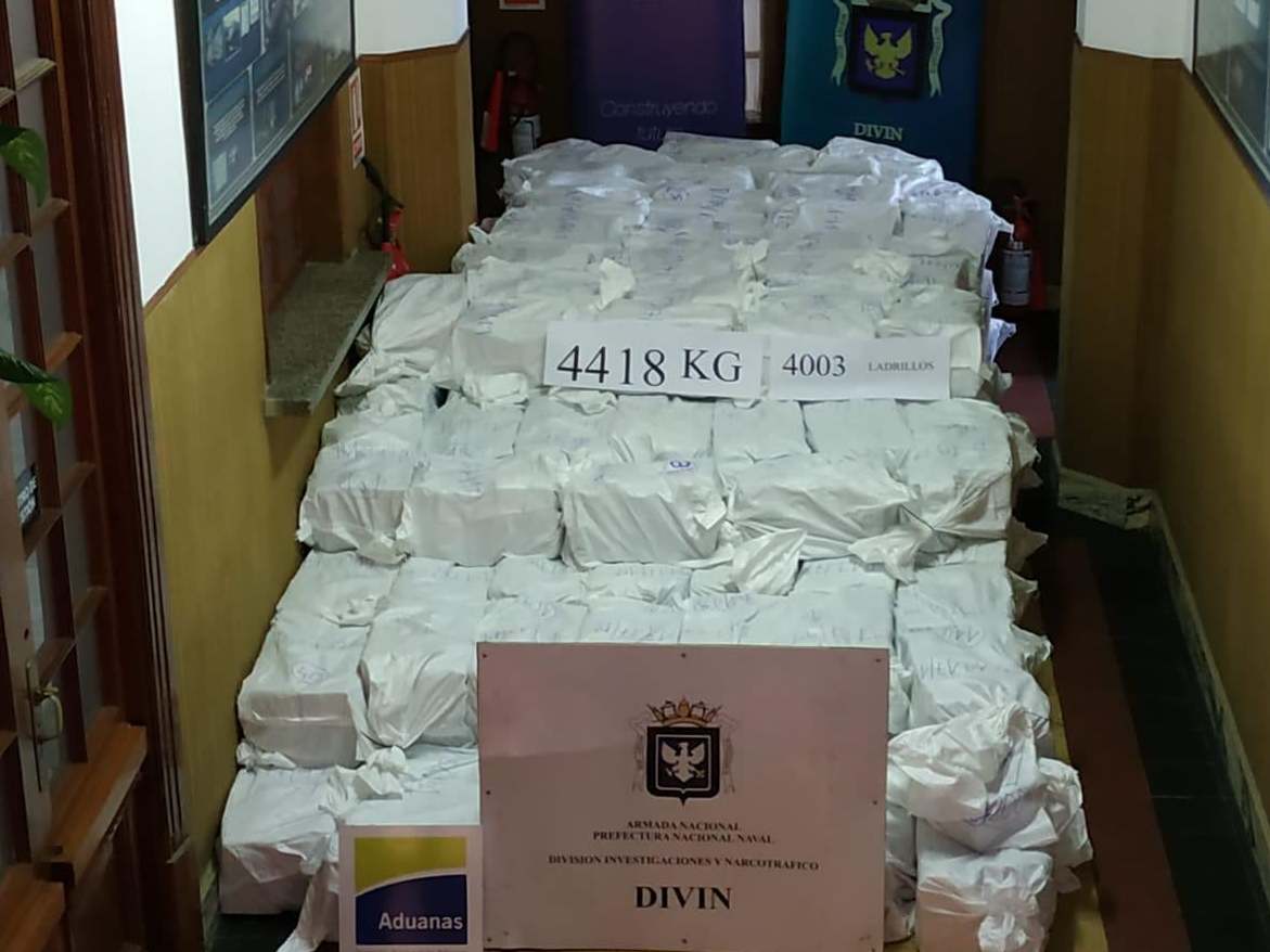 Naval and customs officers discovered 4.4 tonnes of cocaine hidden in flour containers in Montevideo