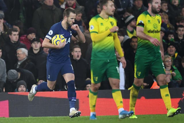 Harry Kane celebrates his late penalty to earn a draw at Norwich