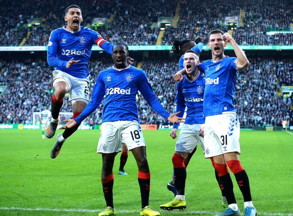 Rangers celebrate after Ryan Kent put the visitors ahead in the first half