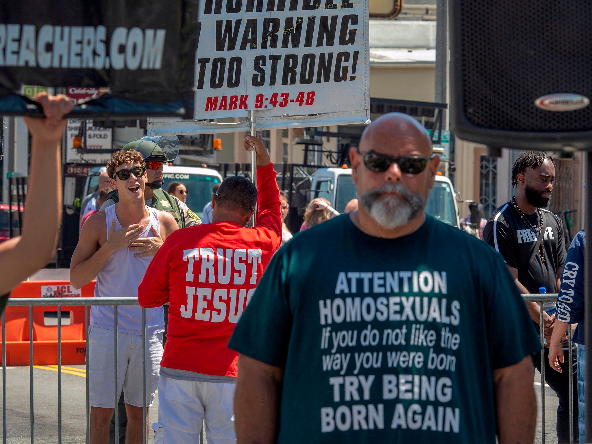 Anti-LGBTQ+ evangelical Christian preachers confront people at the annual LA Pride Parade