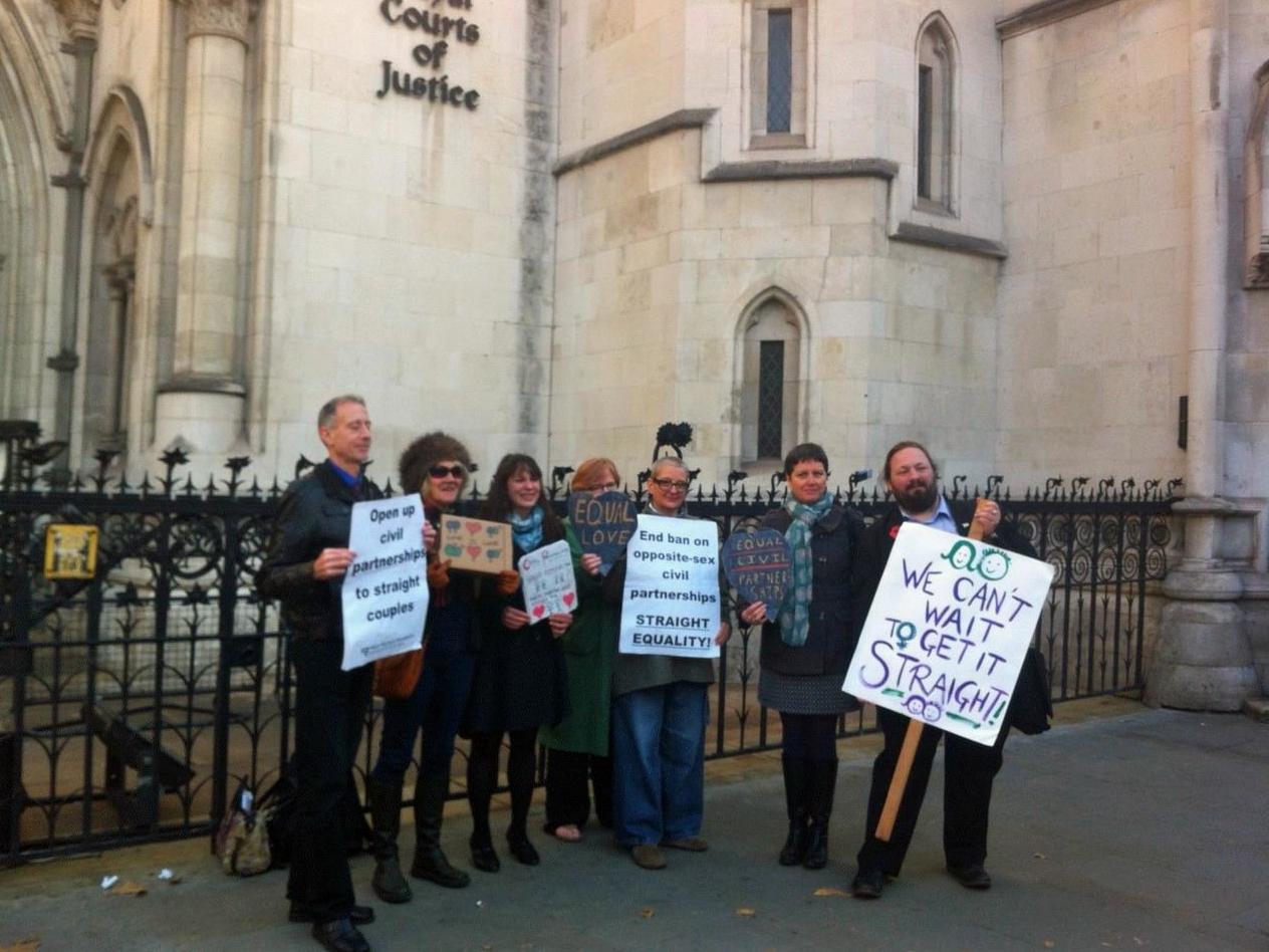 Ann Chamings and others demonstrating outside the Royal Courts of Justice in London, for the right to have an opposite sex civil partnership