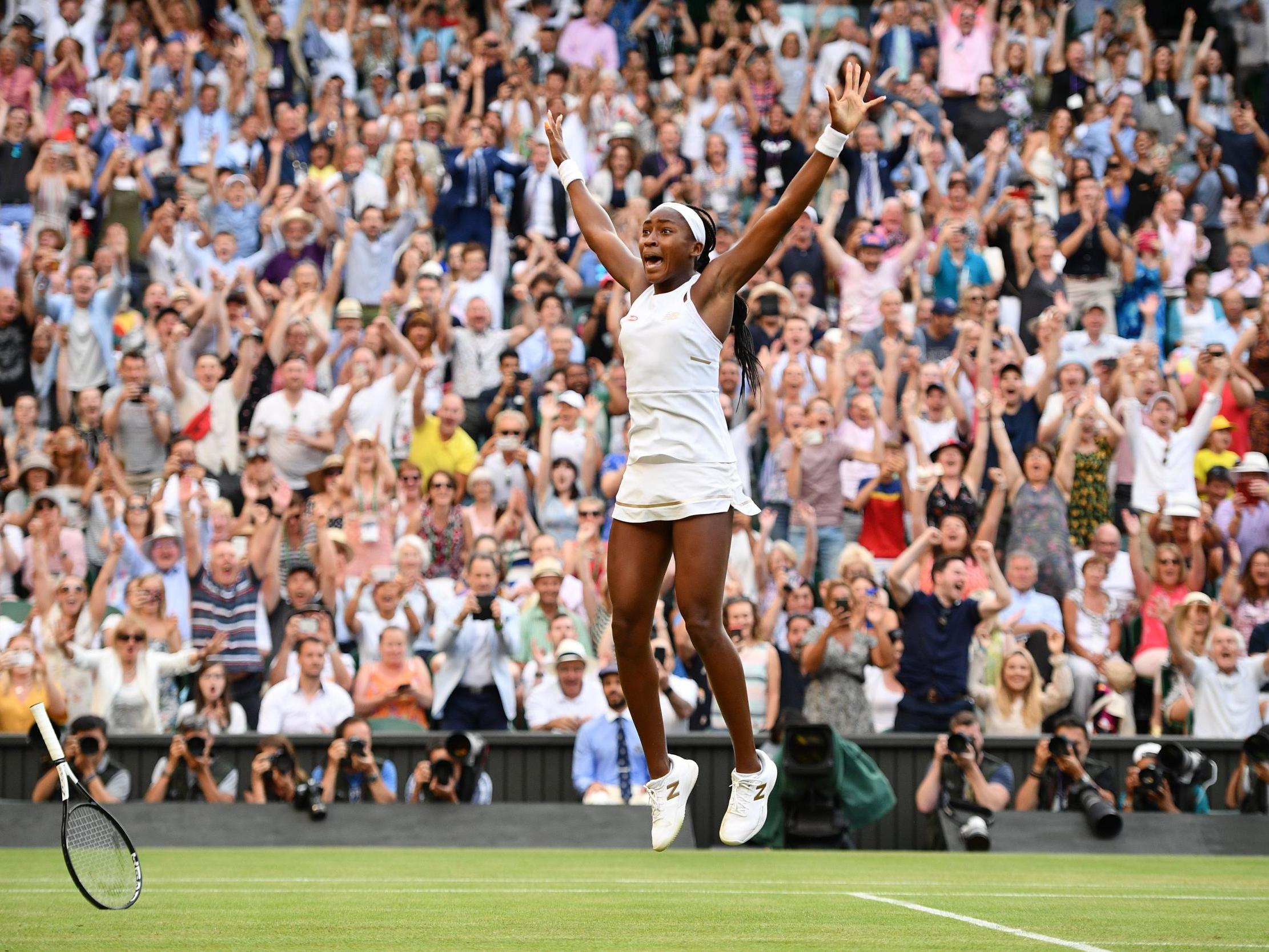 Coco Gauff jumps for joy after her third-round victory at Wimbledon