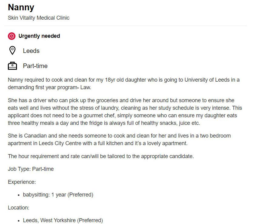 The post advertised for a nanny to cook and clean for an 18-year-old university student
