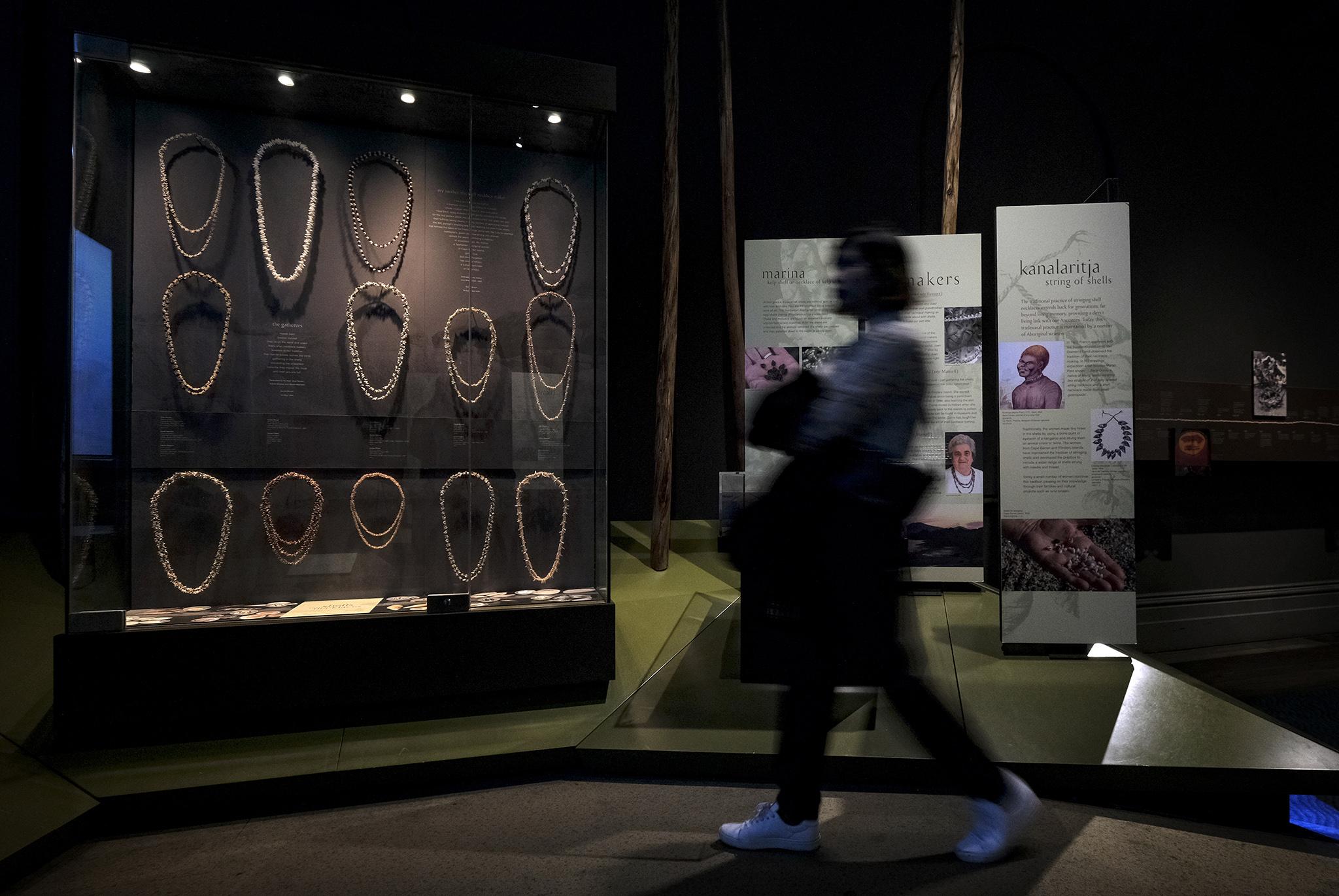 An exhibit of indigenous shell necklaces at the Tasmanian Museum and Art Gallery in Hobart, Tasmania