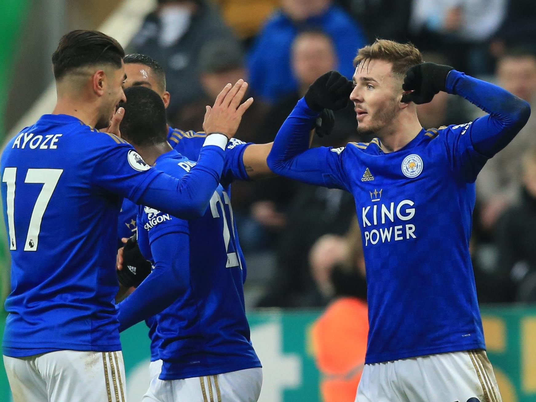 James Maddison celebrates scoring Leicester's second goal