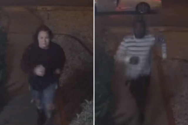 Police in Las Vegas are searching for a kidnapping victim and suspect after a surveillance camera captured a woman banging on a stranger's door screaming for help before being dragged to a car by a man near on 1 January, 2020.