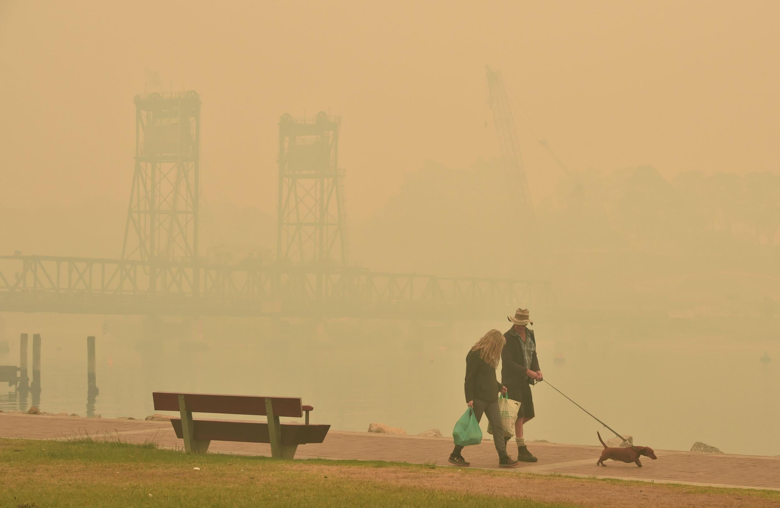 Dog walkers shrouded in smoke near the Batemans Bay bridge (AFP )