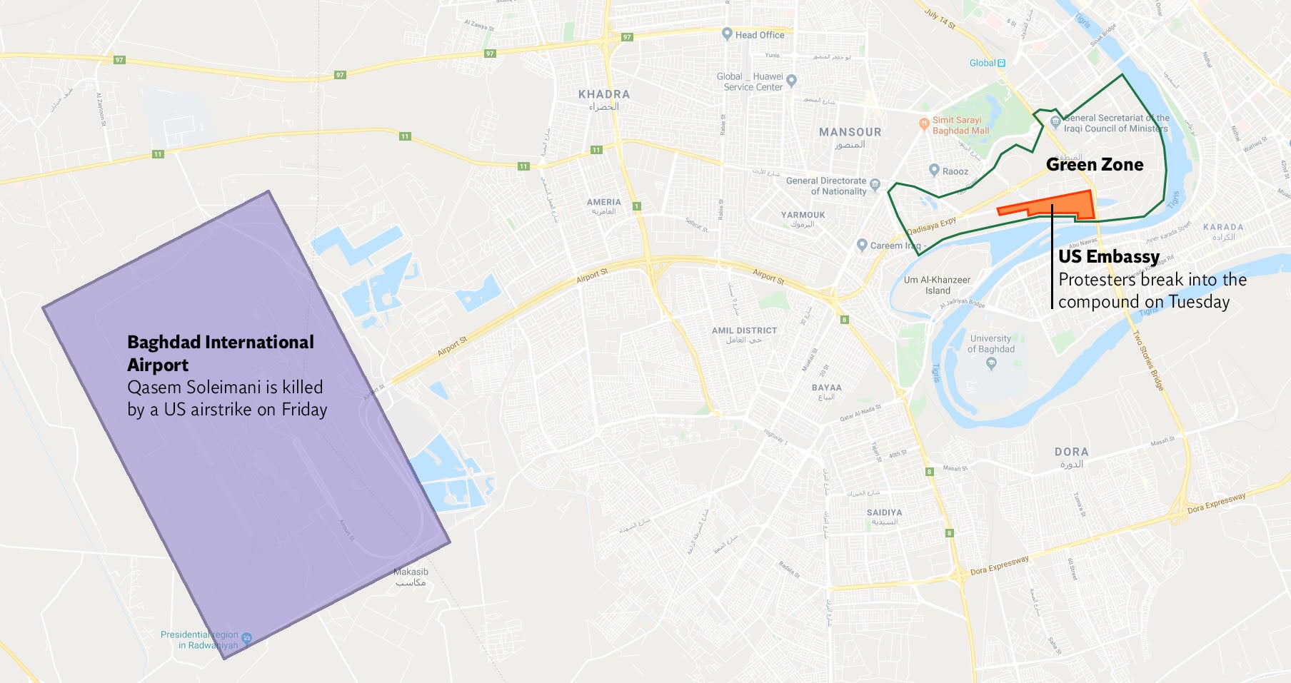 Map showing Baghdad locations of the US embassy and the international airport (purple), where an airstrike on Soleimani took place