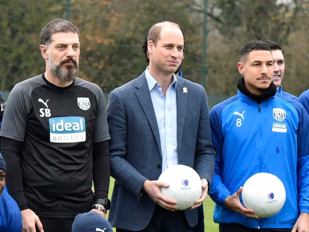 The Duke of Cambridge (centre) with members of the first team of West Bromwich Albion FC, on a visit as part of the Heads Up campaign on 28 November 2019