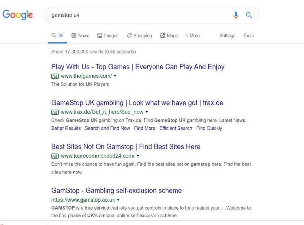1 月 3 日星期五对“Gamstop UK”的搜索仍然显示一则广告，允许赌徒绕过旨在帮助他们戒烟的软件