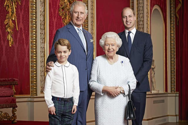 A new portrait shows the Queen posing with her three heirs