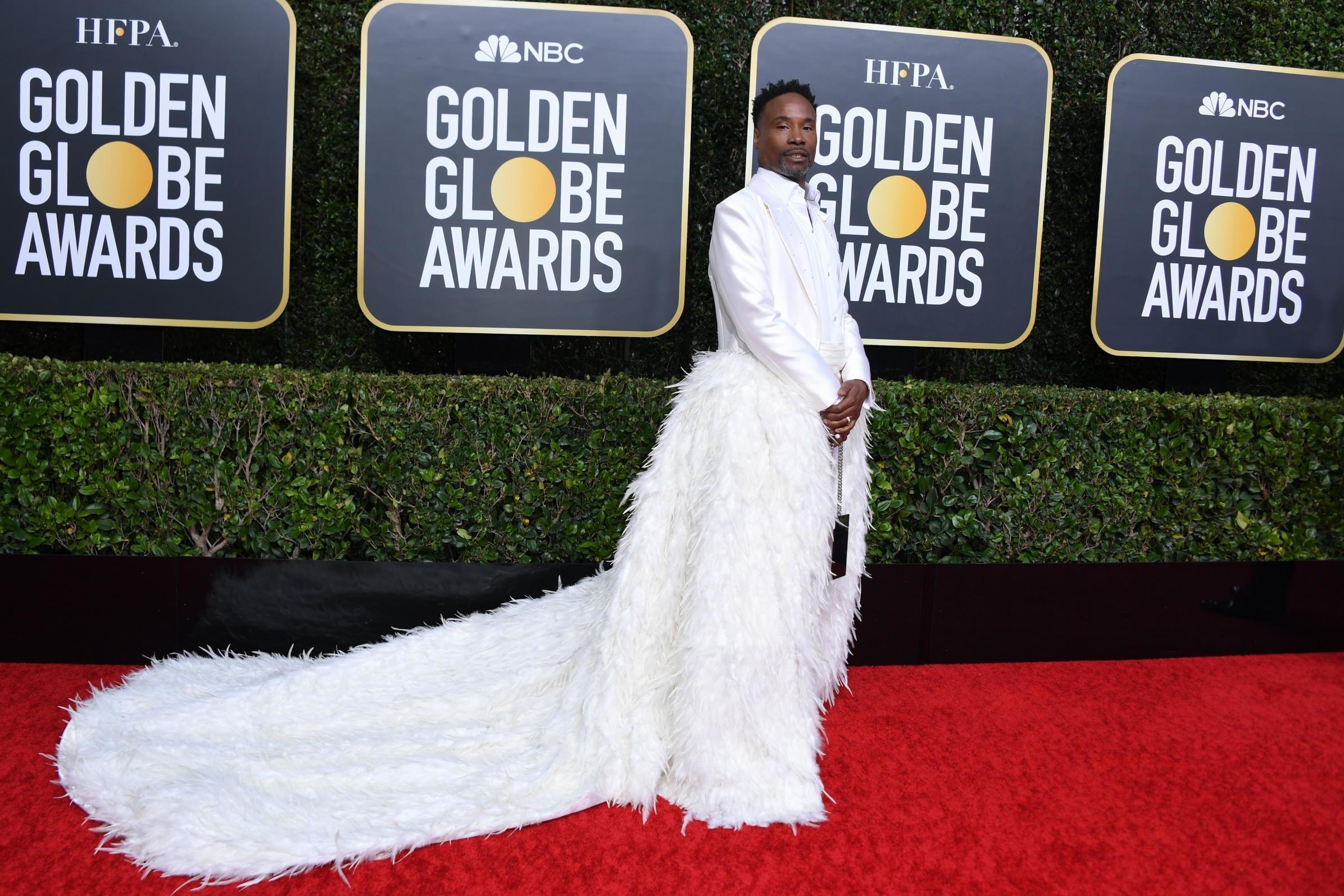 Golden Globes Billy Porter walks red carpet in feathered outfit The