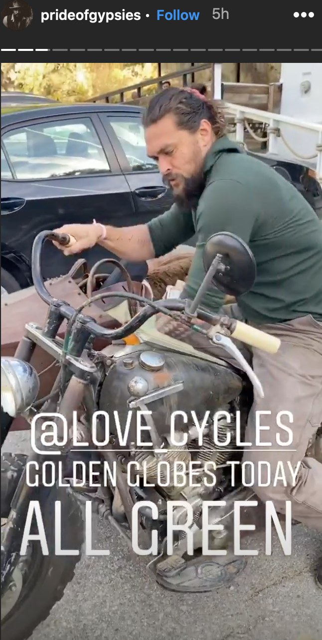 Jason Momoa rides a green motorcycle ahead of the Golden Globes (Instagram)