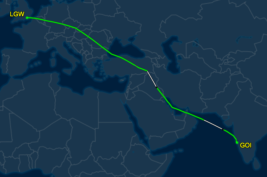 East bound: the flight path of the corresponding Tui departure from Gatwick to Goa on 28 December 2019