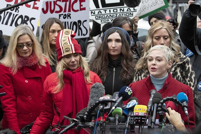 Rose McGowan addresses a crowd outside New York Supreme Court as jury selection in Harvey Weinstein's rape trial begins.