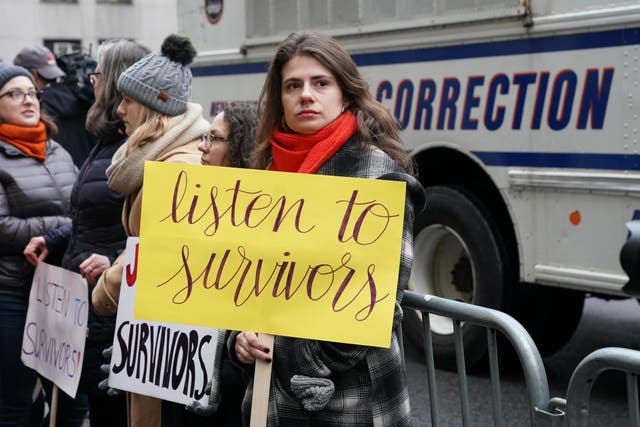Demonstrators gather outside the courthouse before the arrival of Harvey Weinstein at the State Supreme Court in Manhattan on 6 January 2020, the first day of his criminal trial.