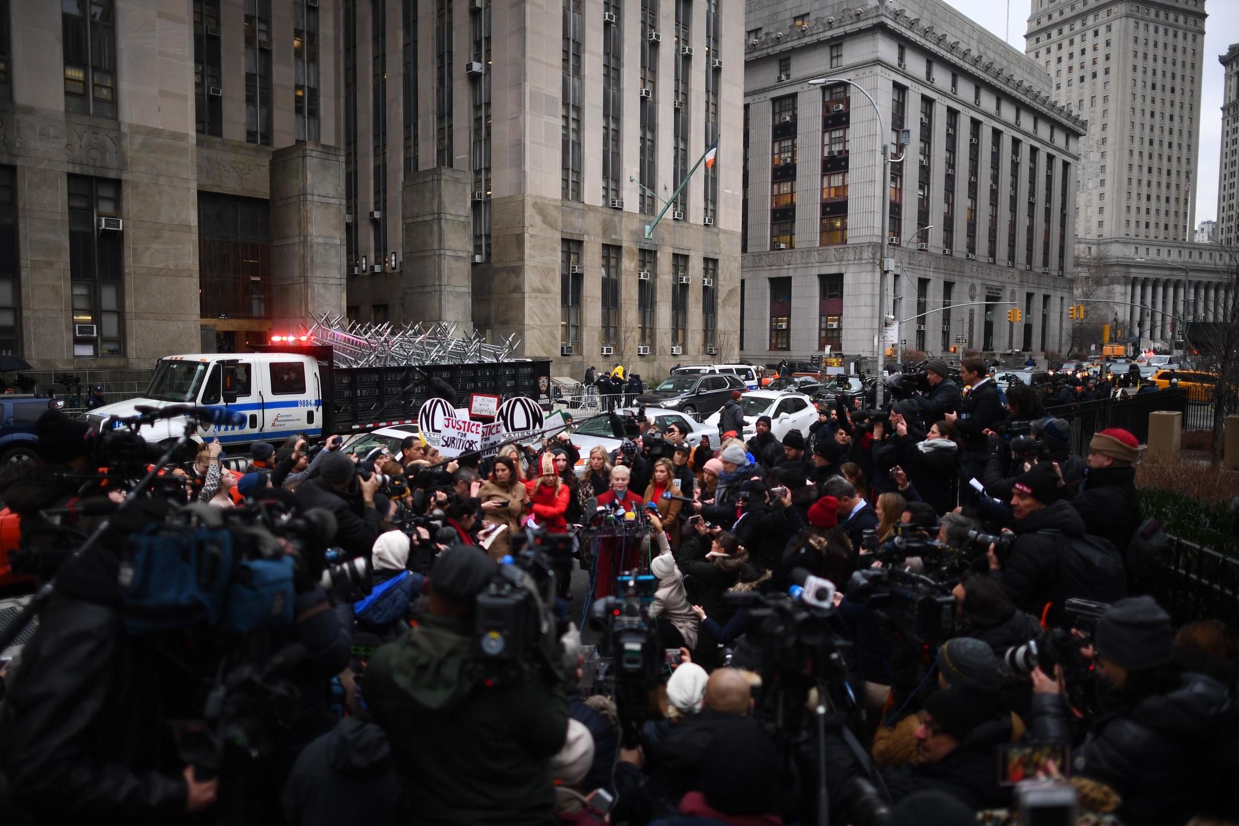 Rose McGowan, Rosanna Arquette and others speak during a press conference, after Harvey Weinstein arrived for the first day of his criminal trial in Manhattan on 6 January 2020.