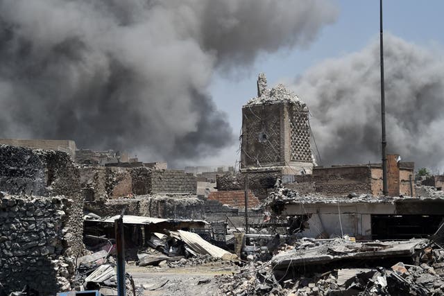 Mosul’s ancient leaning minaret, known as the ‘Hadba‘, was destroyed by Isis (AFP 
