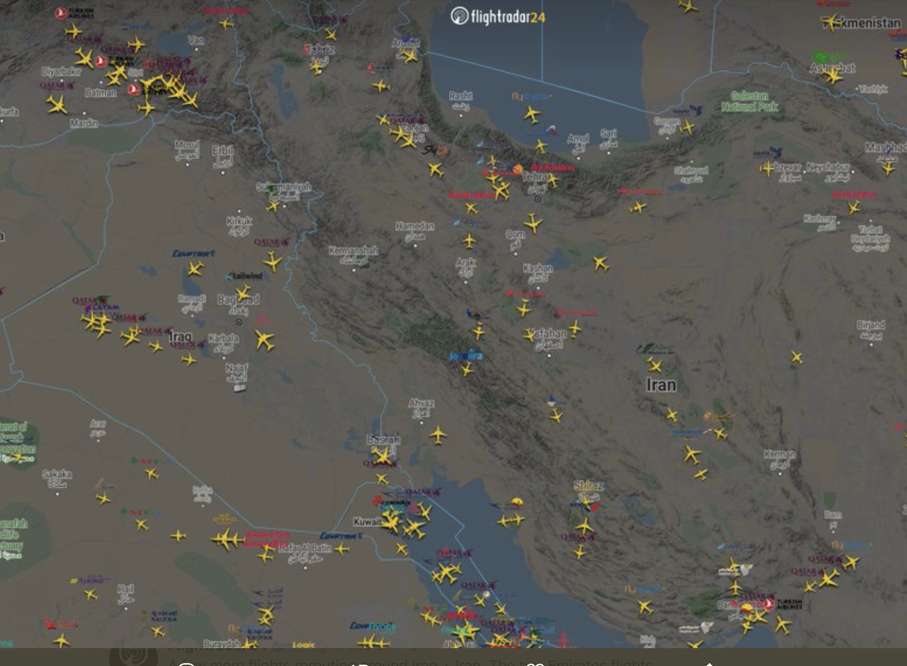 Air ways: the skies over Iraq and Iran at 11am GMT on Wednesday 8 January