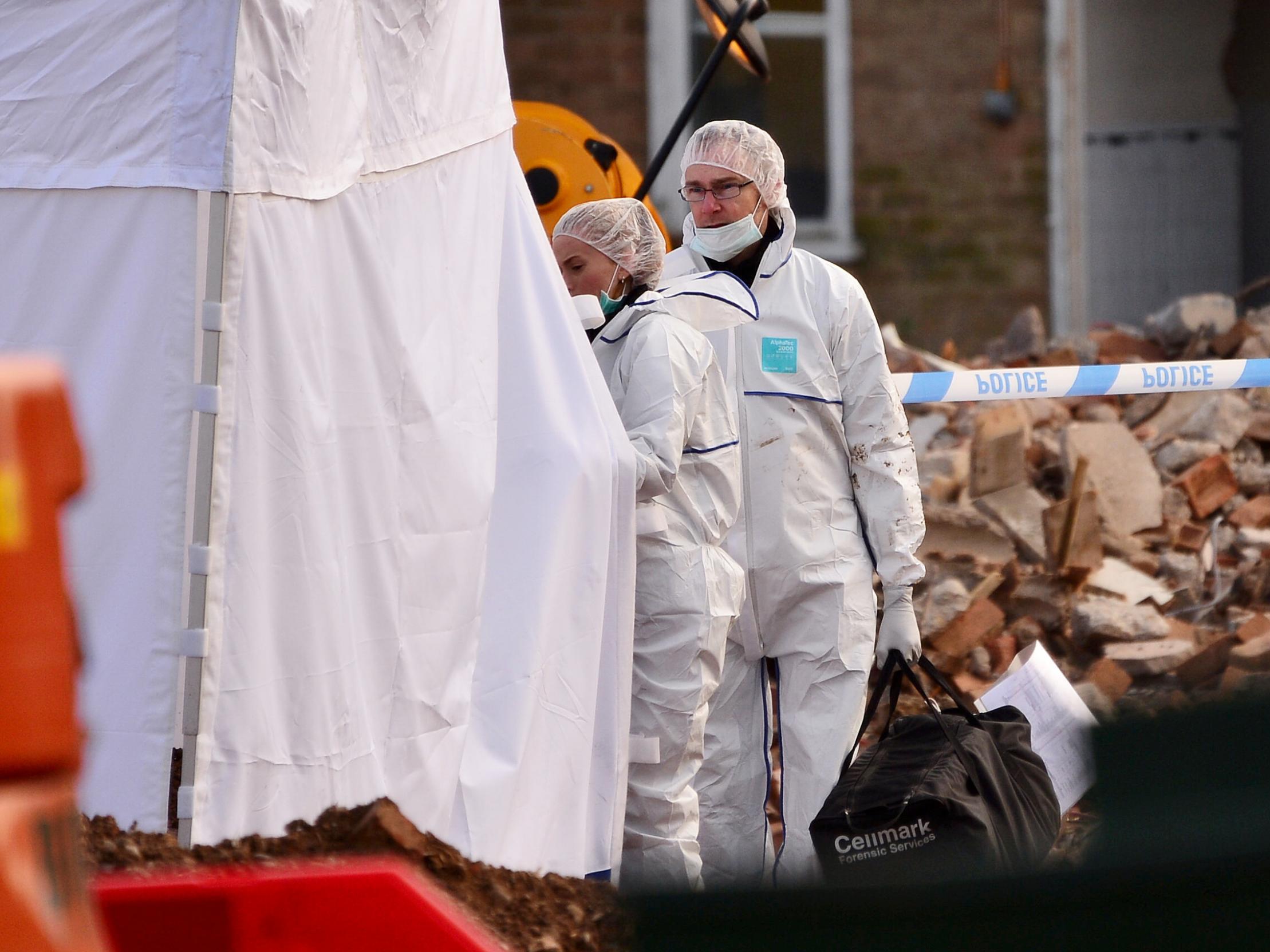 Police forensic officers at a building site in Melton Mowbray, Leicestershire, in October 2019 where human bones were found which were later dated back to 635-685AD.