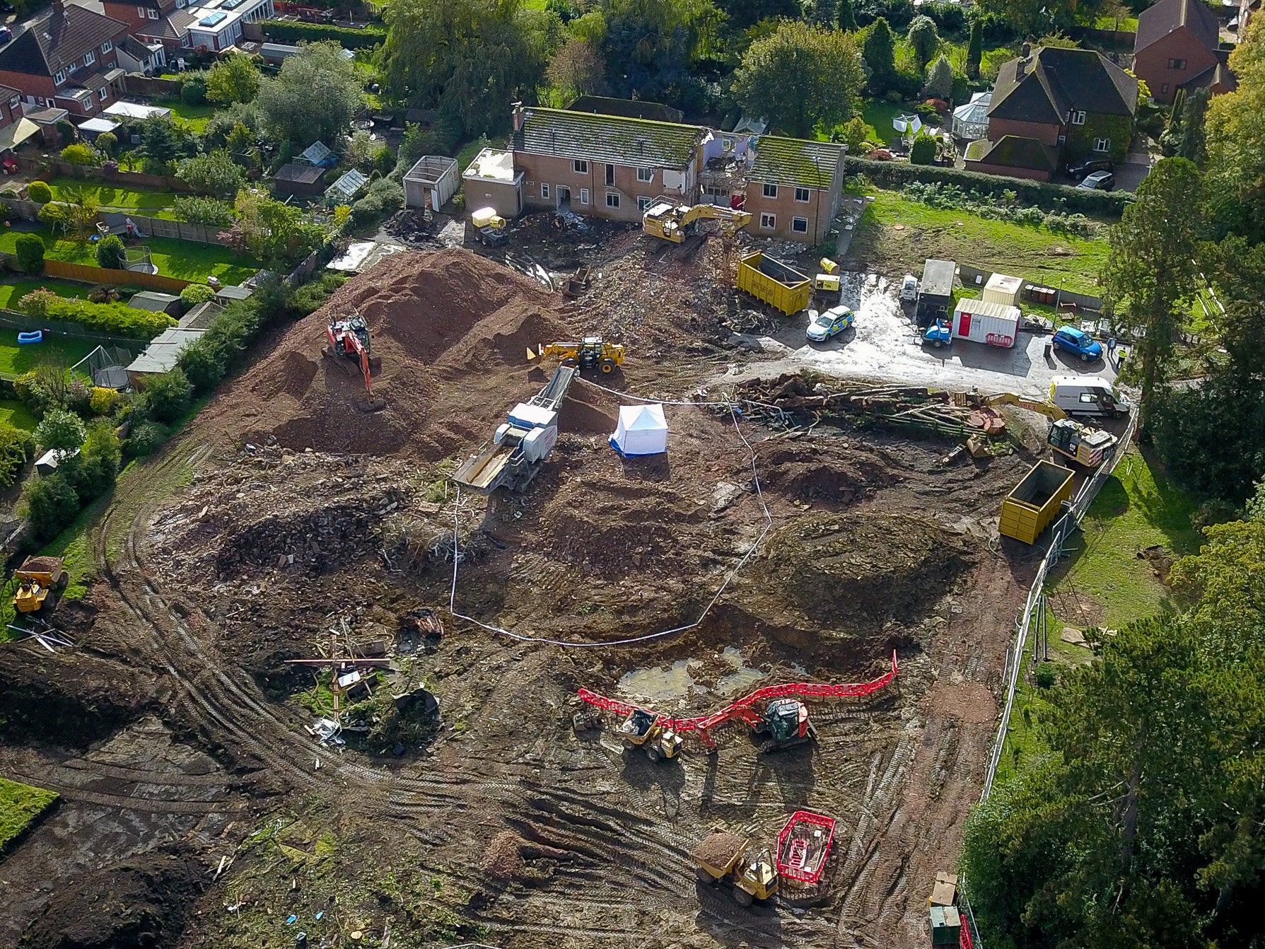 Aerial view of police forensic tent on a building site in Melton Mowbray, Leicestershire, where human bones were found in October 2019 which were later dated to 635-685AD.
