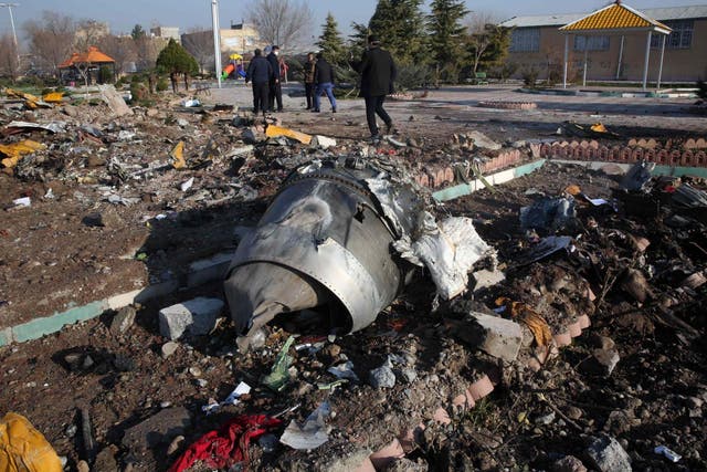 Rescue teams work amidst debris after a Ukrainian plane crashed near Imam Khomeini airport, Tehran