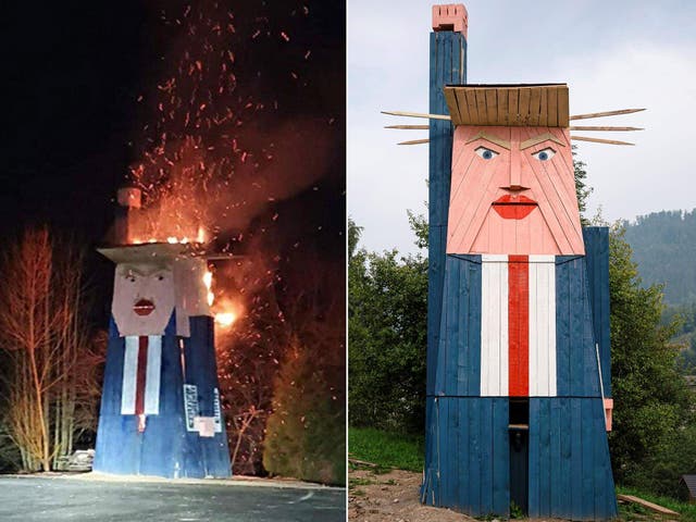 The wooden eight-meter high statue mocking US President Donald Trump that was constructed last year has been destroyed by fire in the homeland of his wife Melania Trump.