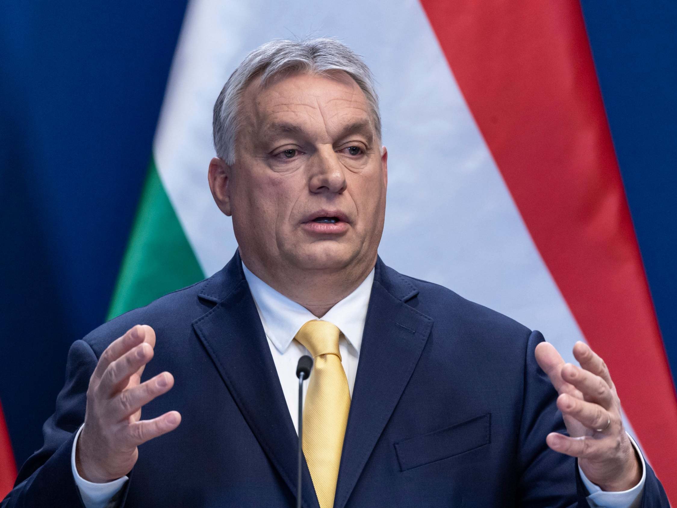 Hungarian Prime Minister Viktor Orban adresses the media during the annual international press conference in Budapest