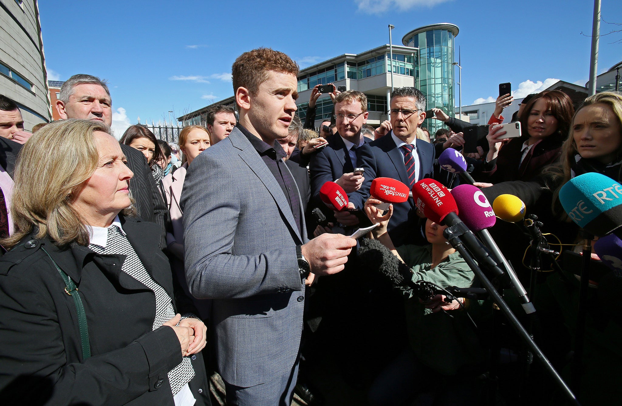 Irish rugby player Paddy Jackson addresses the media after he was acquitted of rape, which sparked protests all over Ireland