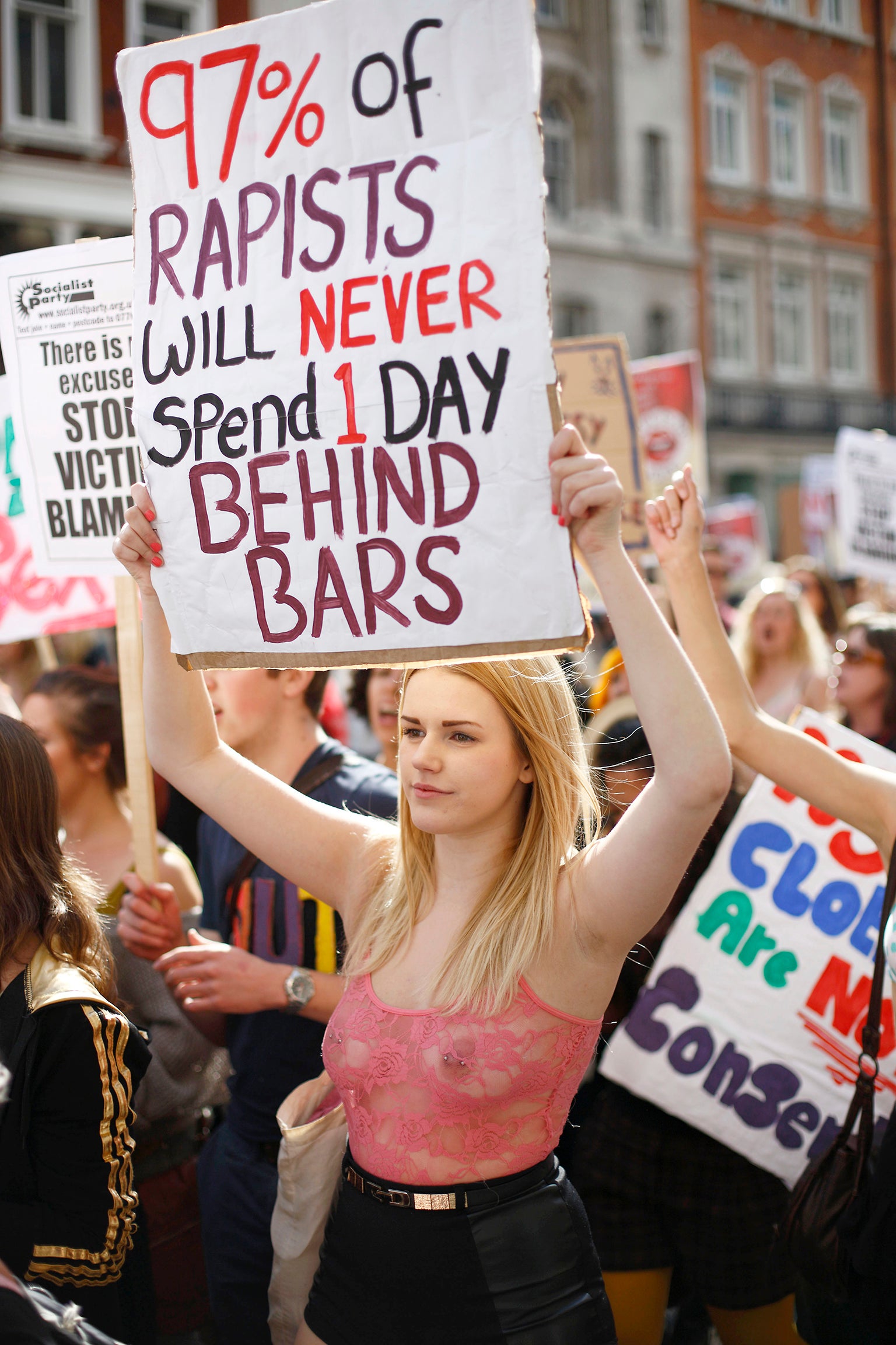 Women take part in a ‘slut walk’ in London in 2012, to protest against rape culture, victim blaming and slut shaming