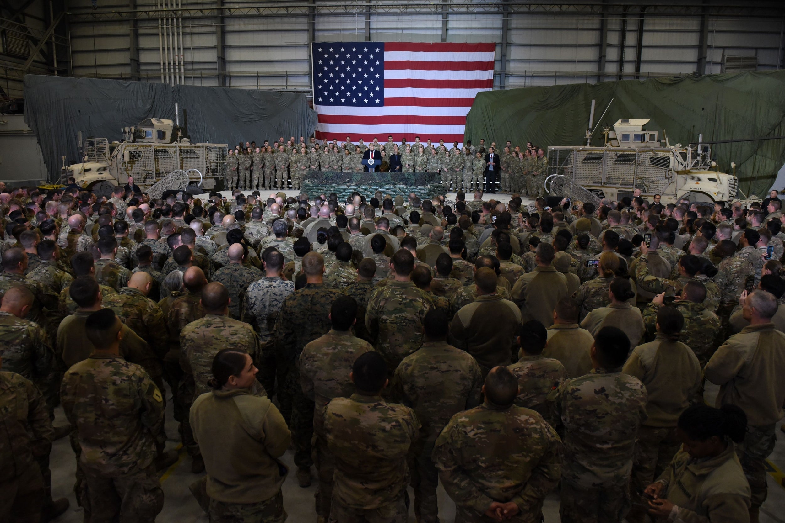 Donald Trump addresses US troops at Bagram airbase on a surprise Thanksgiving Day trip to Afghanistan