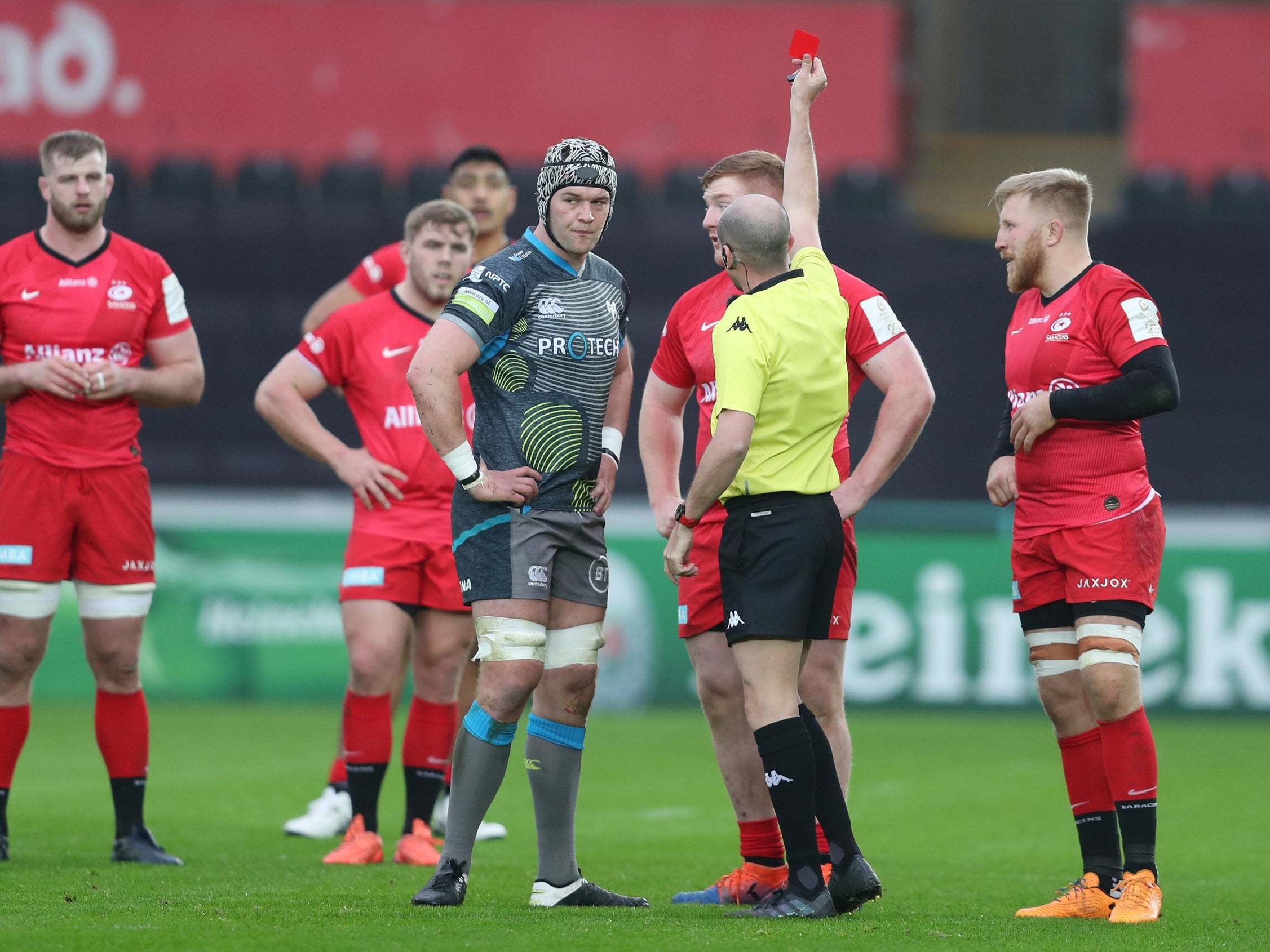 Rhys Carre was sent off in the fifth minute of Saracens' victory over Ospreys