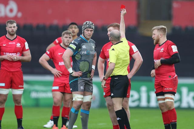 Rhys Carre was sent off in the fifth minute of Saracens' victory over Ospreys