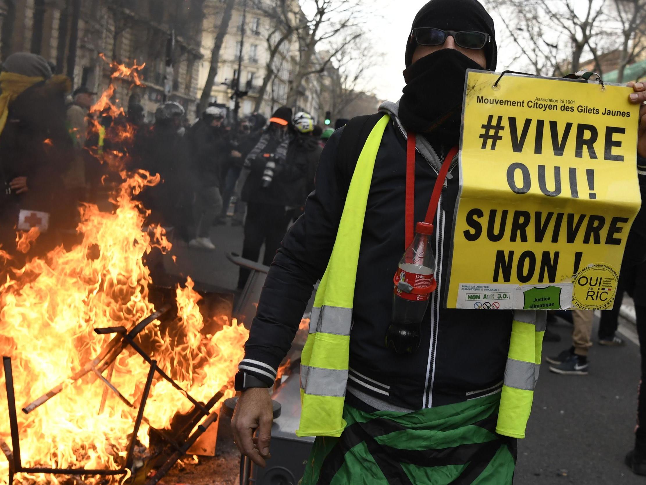 A man holds a banner reading "living yes ! Surviving no !" as protesters demonstrate in Paris
