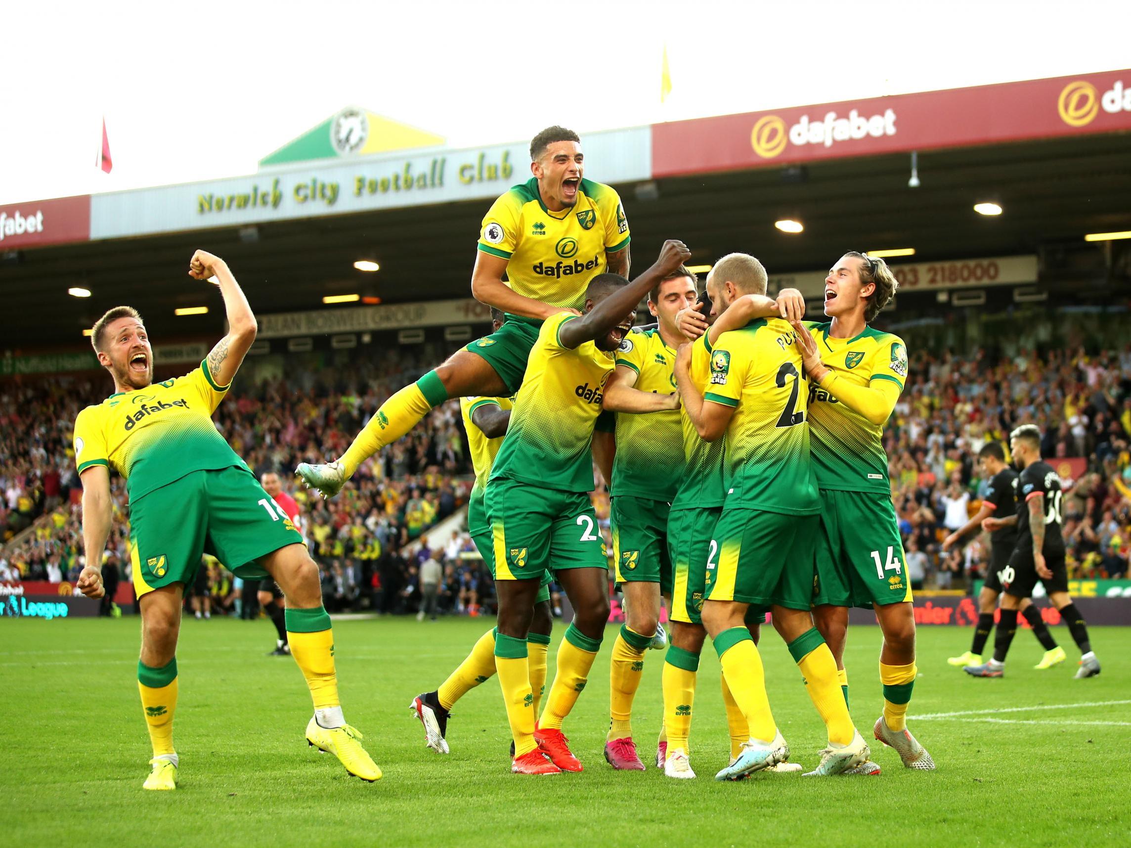 Norwich's players celebrate a goal against Manchester City earlier this season