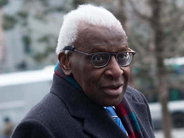 Lamine Diack arrives at the Paris courthouse for his trial over the Russia doping scandal