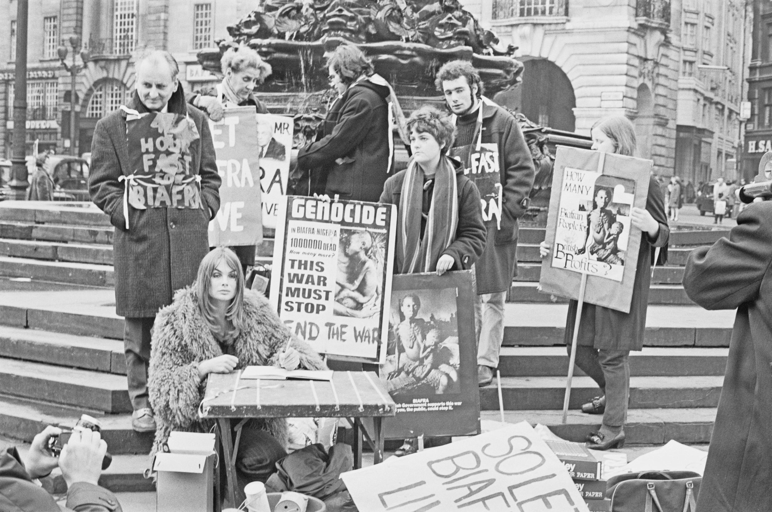 English model and actress Jean Shrimpton joins a group of anti-war protesters campaigning to end the killing of civilians in Biafra