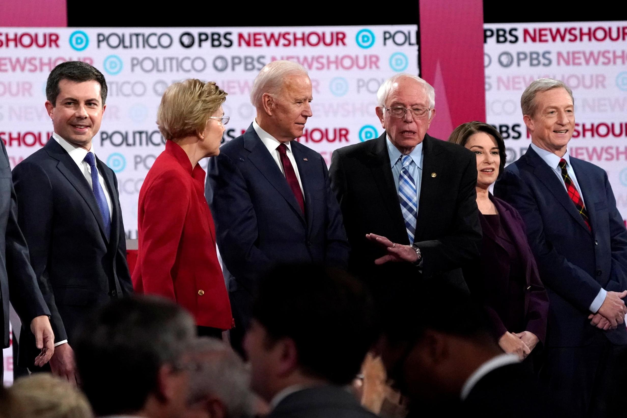 US Democratic presidential candidates South Bend Mayor Pete Buttigieg, Senator Elizabeth Warren, former Vice President Joe Biden, Senator Bernie Sanders, Senator Amy Klobuchar and billionaire activist Tom Steyer onstage at Loyola Marymount University in Los Angeles, California