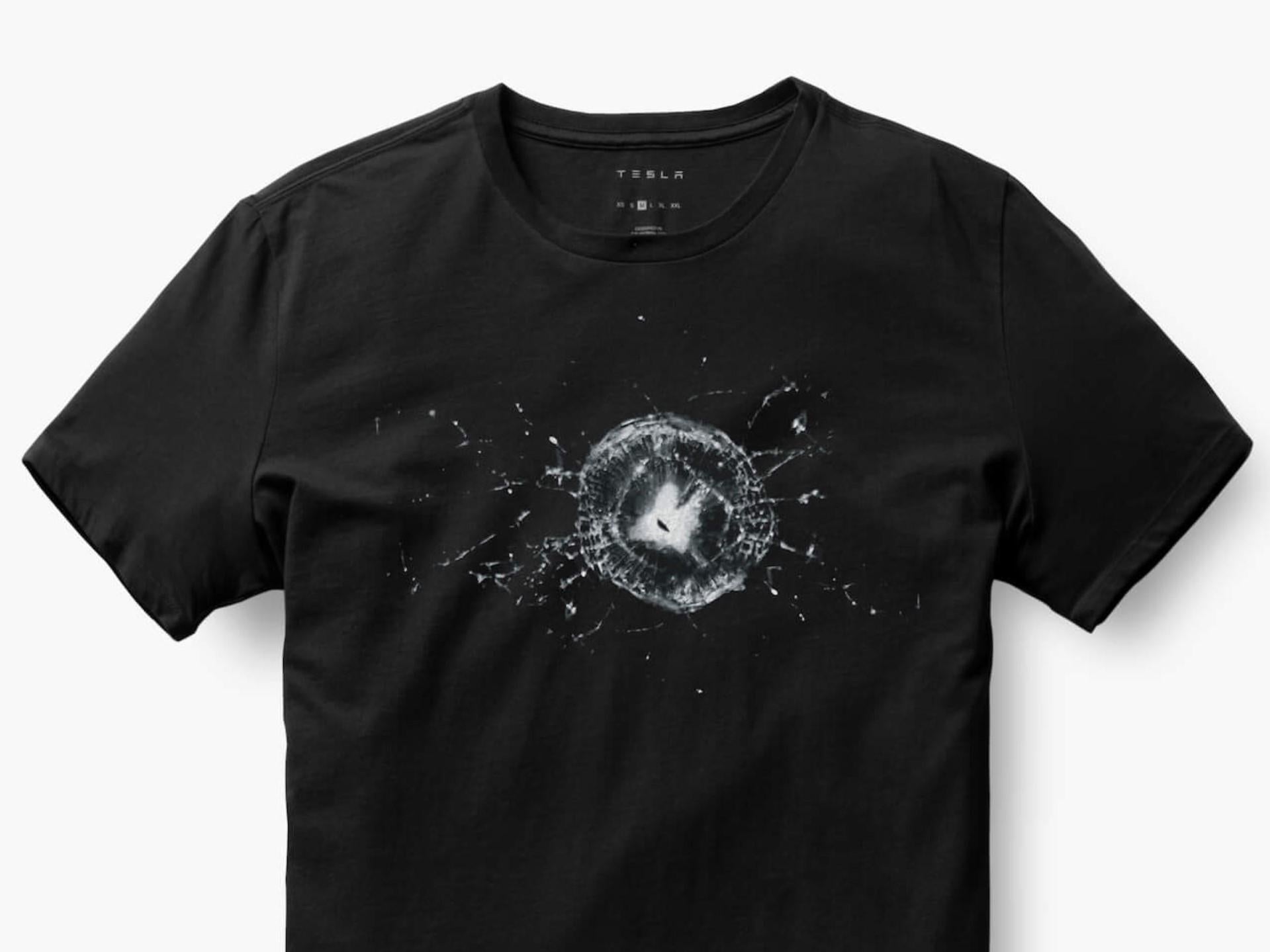 Tesla's 'Cybertruck Bulletproof Tee' features an image of the smashed window from the vehicle's unveiling