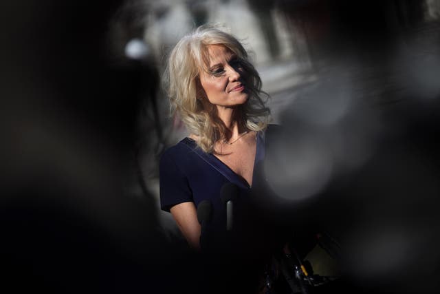 Kellyanne Conway told reporters outside the White House that the president will 'maybe' discuss Russia's hacking of the energy company at the heart of his impeachment with Vladimir Putin.