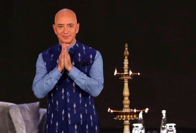 Jeff Bezos, founder of Amazon, attends a company event in Delhi on Wednesday