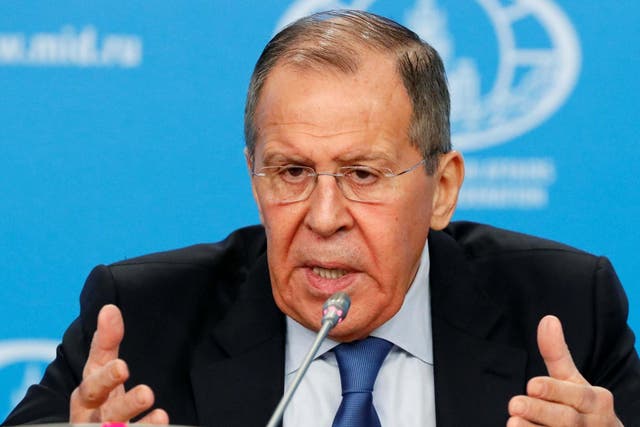 Foreign Minister Sergei Lavrov gestures as he speaks during his annual news conference in Moscow
