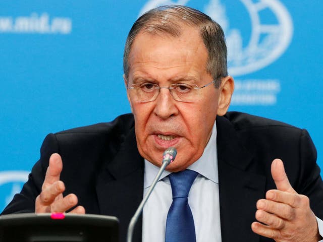 Foreign Minister Sergei Lavrov gestures as he speaks during his annual news conference in Moscow