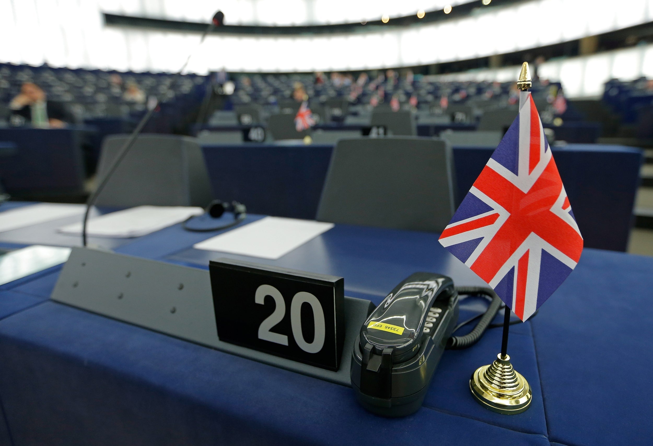 A British flag on a desk in the European parliament in Strasbourg