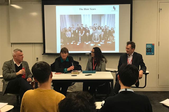 Anji Hunter, Tony Blair’s adviser, talks to students at King’s College London, with Jon Davis, Michelle Clement and John Rentoul