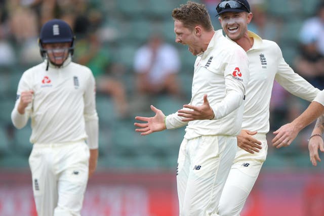 Dom Bess celebrates after taking the wicket of Faf du Plessis