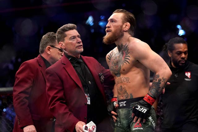 Conor McGregor reacts after winning his fight against Donald Cerrone